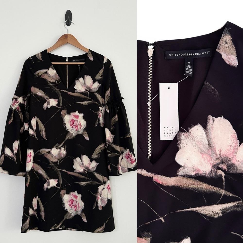 White House Black Market 2 Black Pink Multi Floral Bell Sleeves Shift Dress NWT